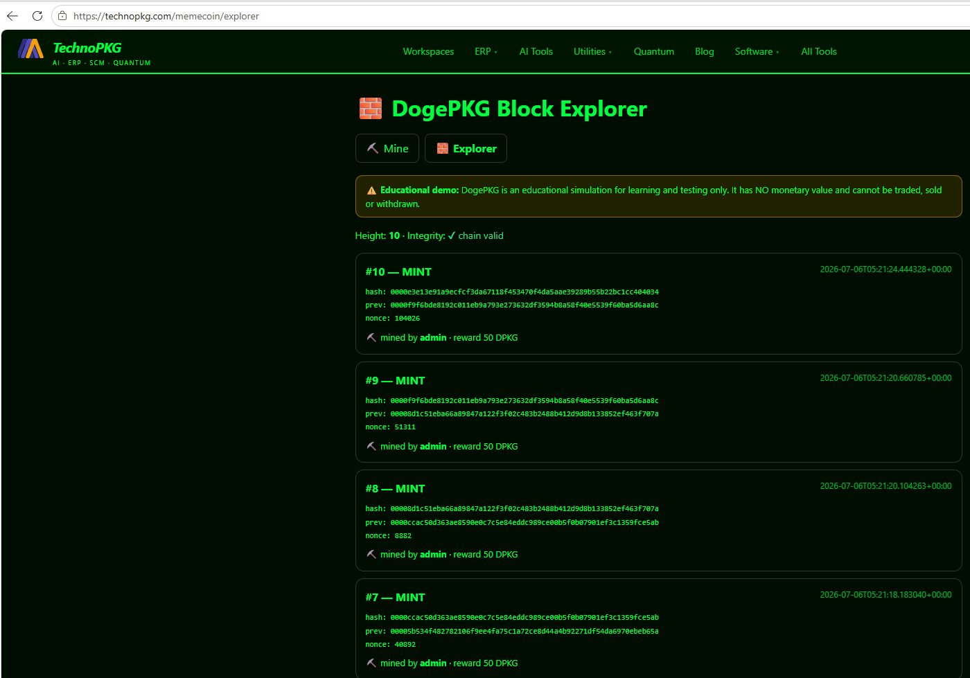 DogePKG block explorer showing linked blocks