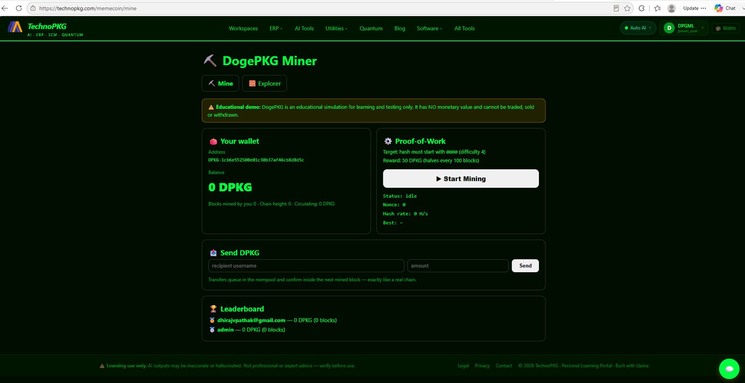 DogePKG miner page with wallet and proof-of-work panel