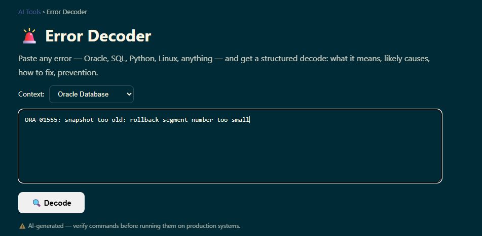 Error Decoder input with an ORA-01555 error